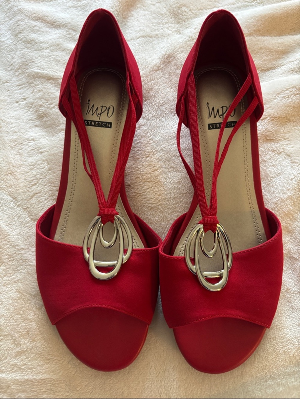 Impo Red Open-Toe Heels with Silver Loop Detail